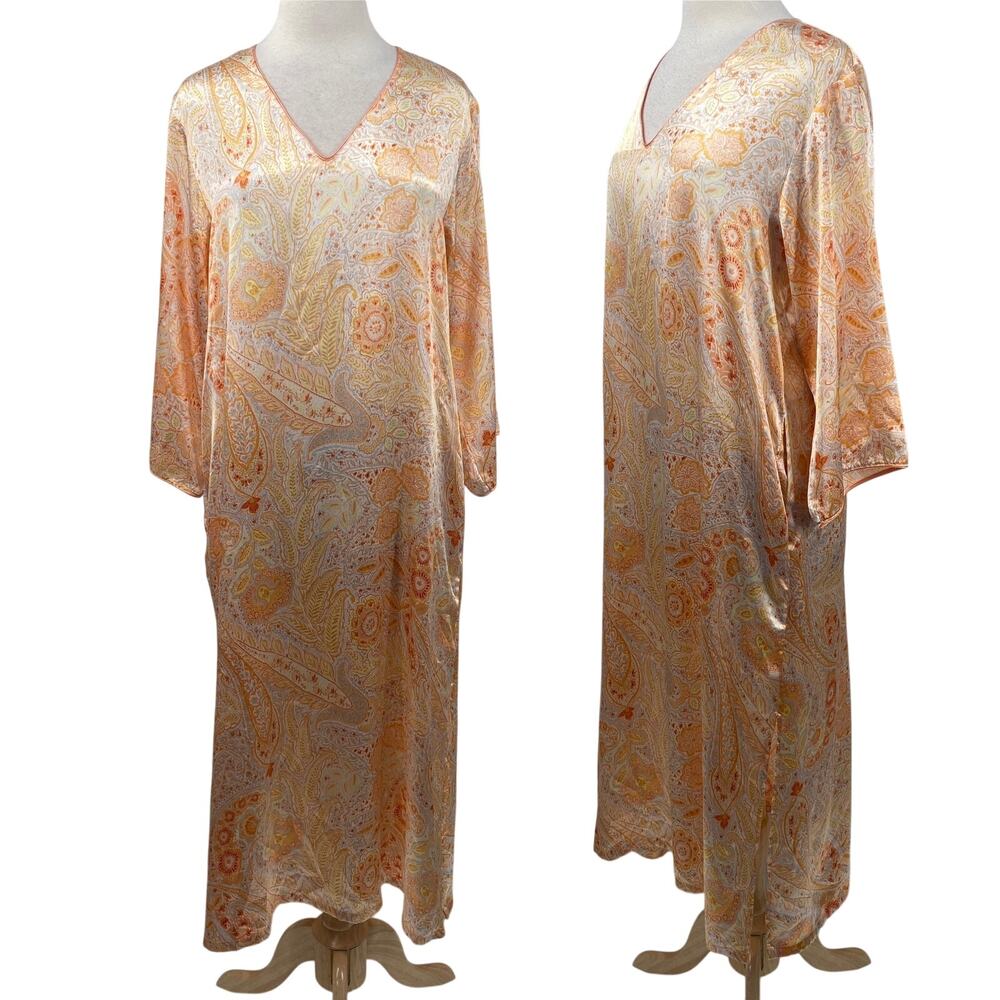 Oscar De La Renta Satin Paisley Kaftan Maxi Dress V Neck Orange Womens Medium